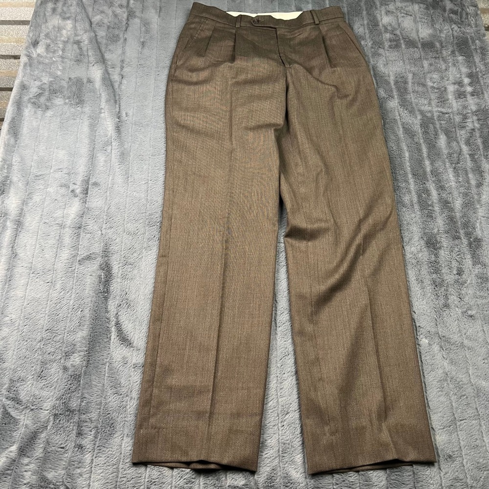 Stafford Traveler Plus Mens Brown Wool Blend Pleated Dress Pants 35x31.5